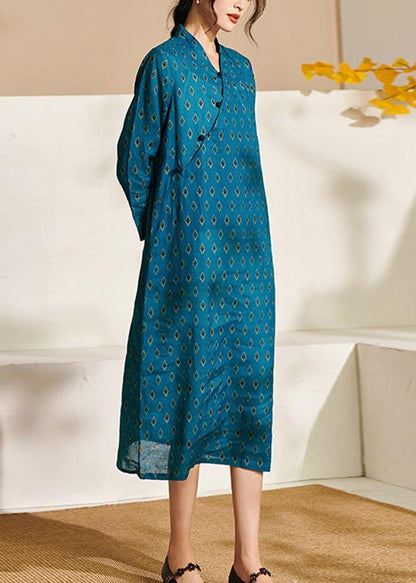 French Blue Print Patchwork Button Summer Ramie Sundress