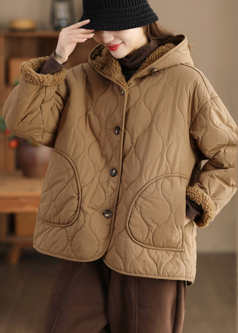 Khaki Oversized Fleece Wool Lined Hooded Jacket Spring