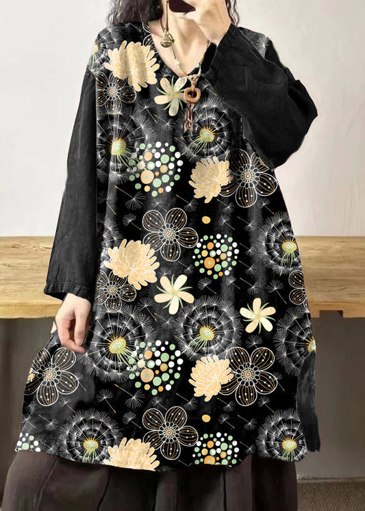 Black Flower V Neck Embroidered Patchwork Linen Mid Dresses Fall