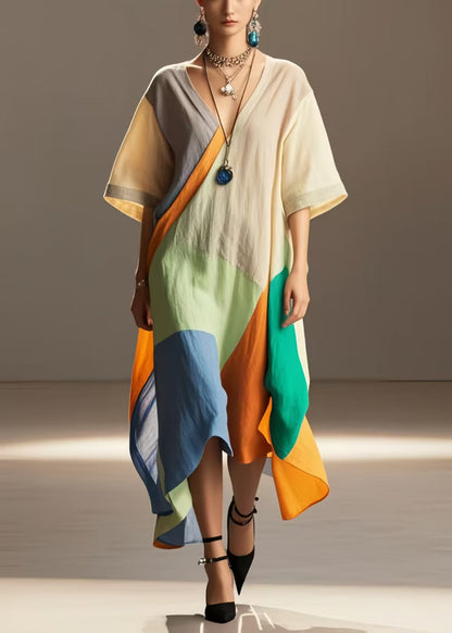Art Colorblock Oversized Asymmetrical Design Cotton Long Dress Summer