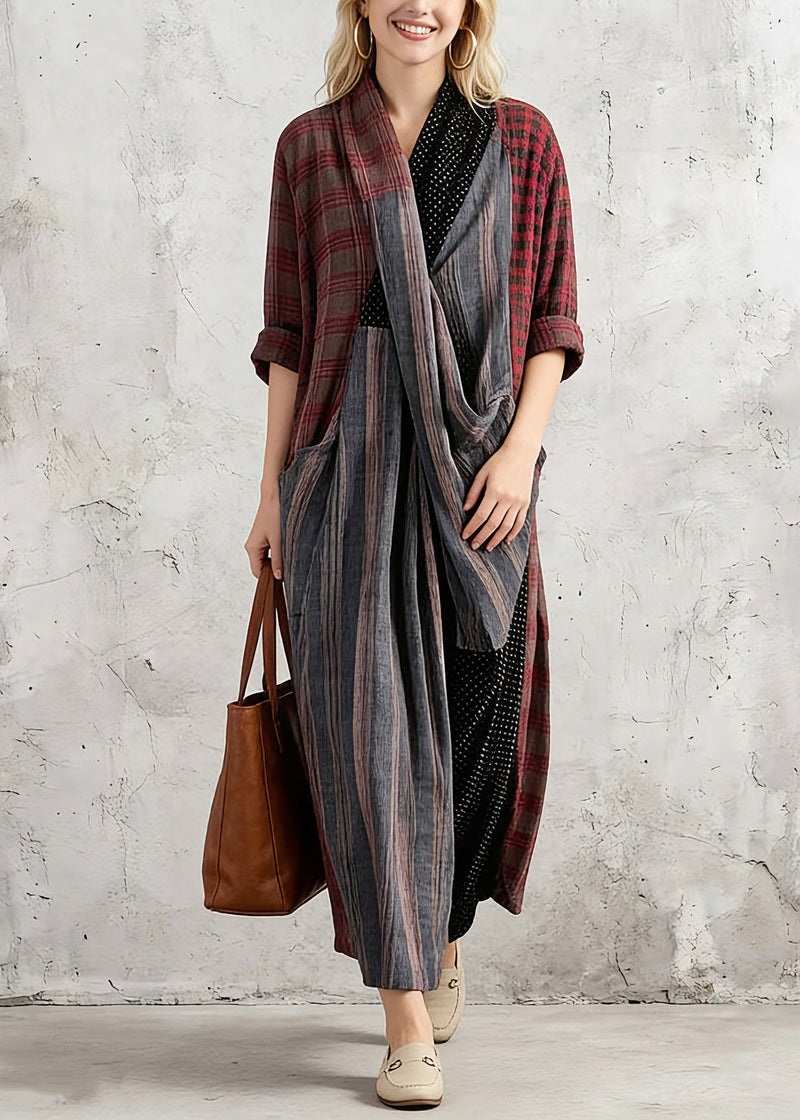 New Red Plaid Oversize V Neck Patchwork Linen Clothing Dress Pockets Asymmetrical Design Caftans Spring