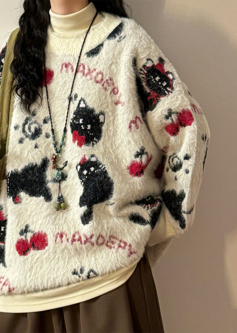 Loose Apricot Jacquard Kitten Cherry Knit Sweater Winter