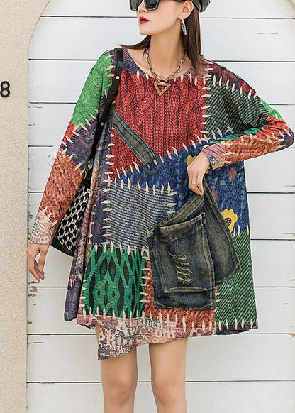 O-neck Knit Print Asymmetrical Design Fall Long Sleeve Top