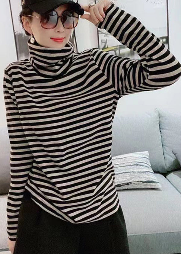 Black Hign Neck Striped Cotton Blouse Top Fall