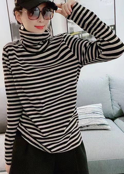Black Hign Neck Striped Cotton Blouse Top Fall