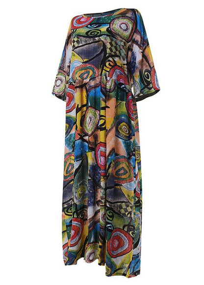 Retro Graffiti Print Round Neck Pleated Maxi Dresses