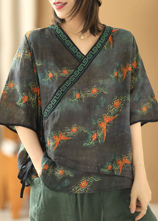 Navy Embroideried Asymmetrical Design Print Tie Waist Linen Shirt Short Sleeve