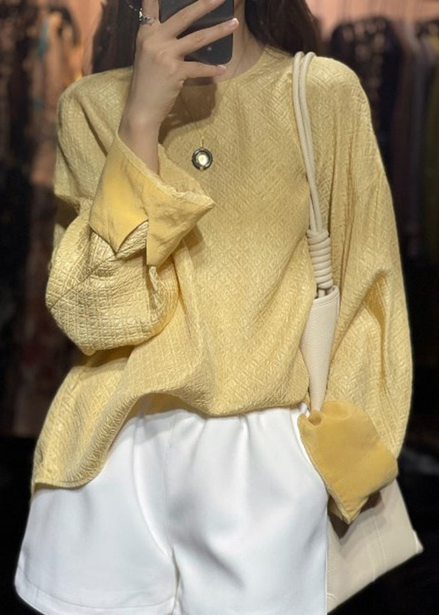 Yellow O-neck Cotton Tops Long Sleeve