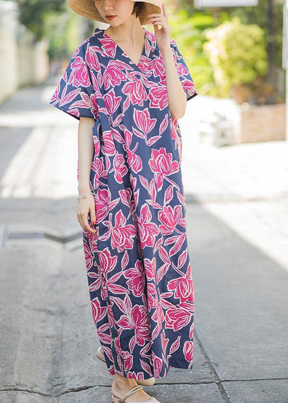 Pink Print Summer Cotton Dress Batwing Sleeve Maxi Dress