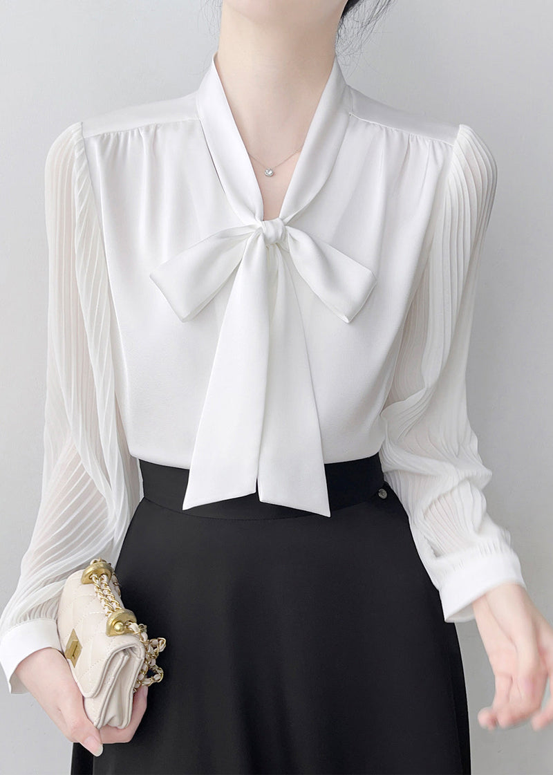 White Bow Draping Chiffon Pleated Shirts Spring