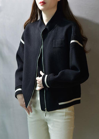 Green Stand Collar Zip Up Patchwork Woolen Coats Fall