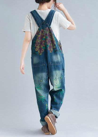 Blue Pockets Patchwork Print Denim Jumpsuit Spring