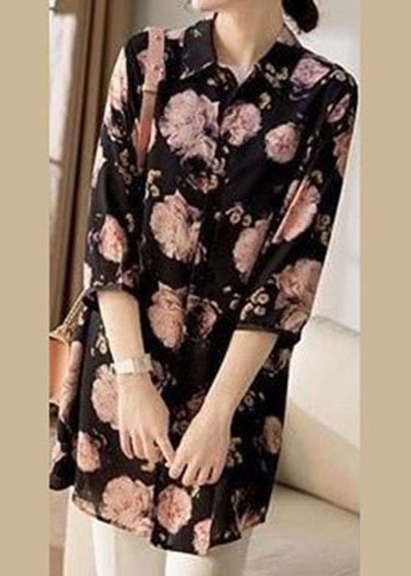 Boutique Black Peter Pan Collar Print Chiffon Blouse Tops Bracelet Sleeve