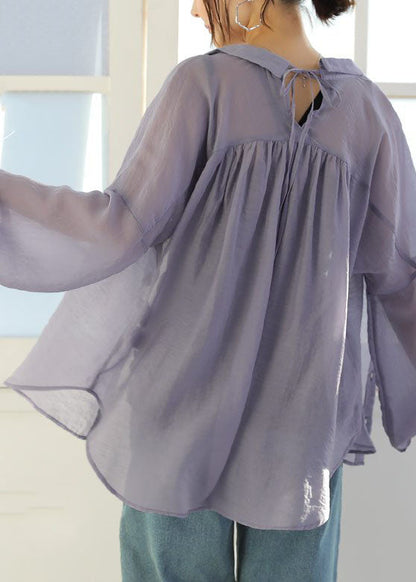 Diy Purple Peter Pan Collar Patchwork Cotton Shirt Top Long Sleeve