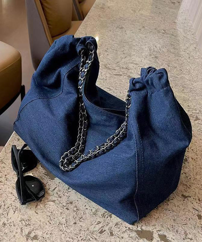 Navy Chain Linked Large Capacity Denim Satchel Handbag