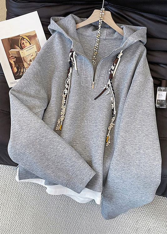 Grey Hooded Zippered False Two Pieces Cotton Sweatshirts Top Fall