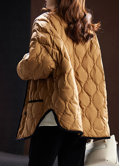 Khaki Peter Pan Collar Pockets Duck Down Coat Long Sleeve