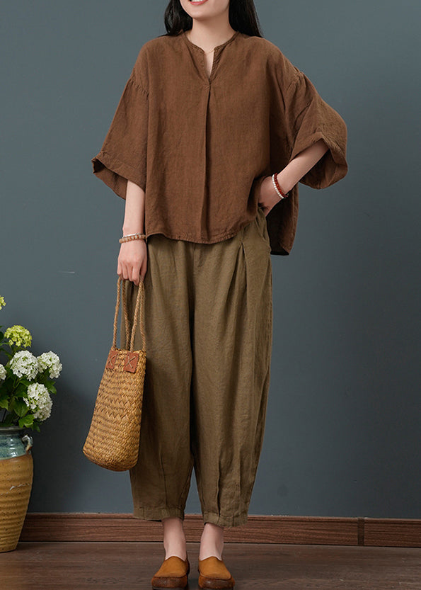 Coffee Linen Two Piece Suit Set Oversized Bracelet Sleeve