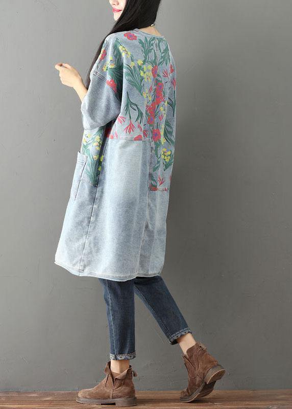 Unique Blue O-neck Pockets Print Fall Denim Dresses Half Sleeve