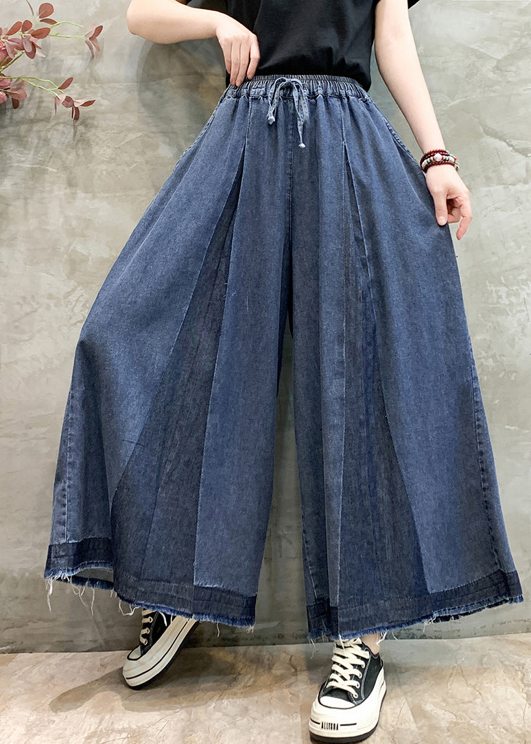 Navy Oversized Wrinkled Denim Wide Leg Pants Summer