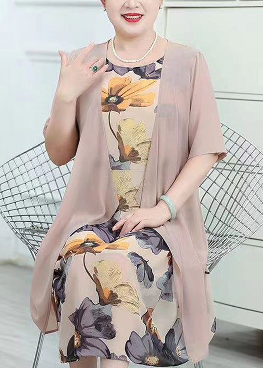 Pink O-neck Print Patchwork Chiffon Two Piece Suit Summer