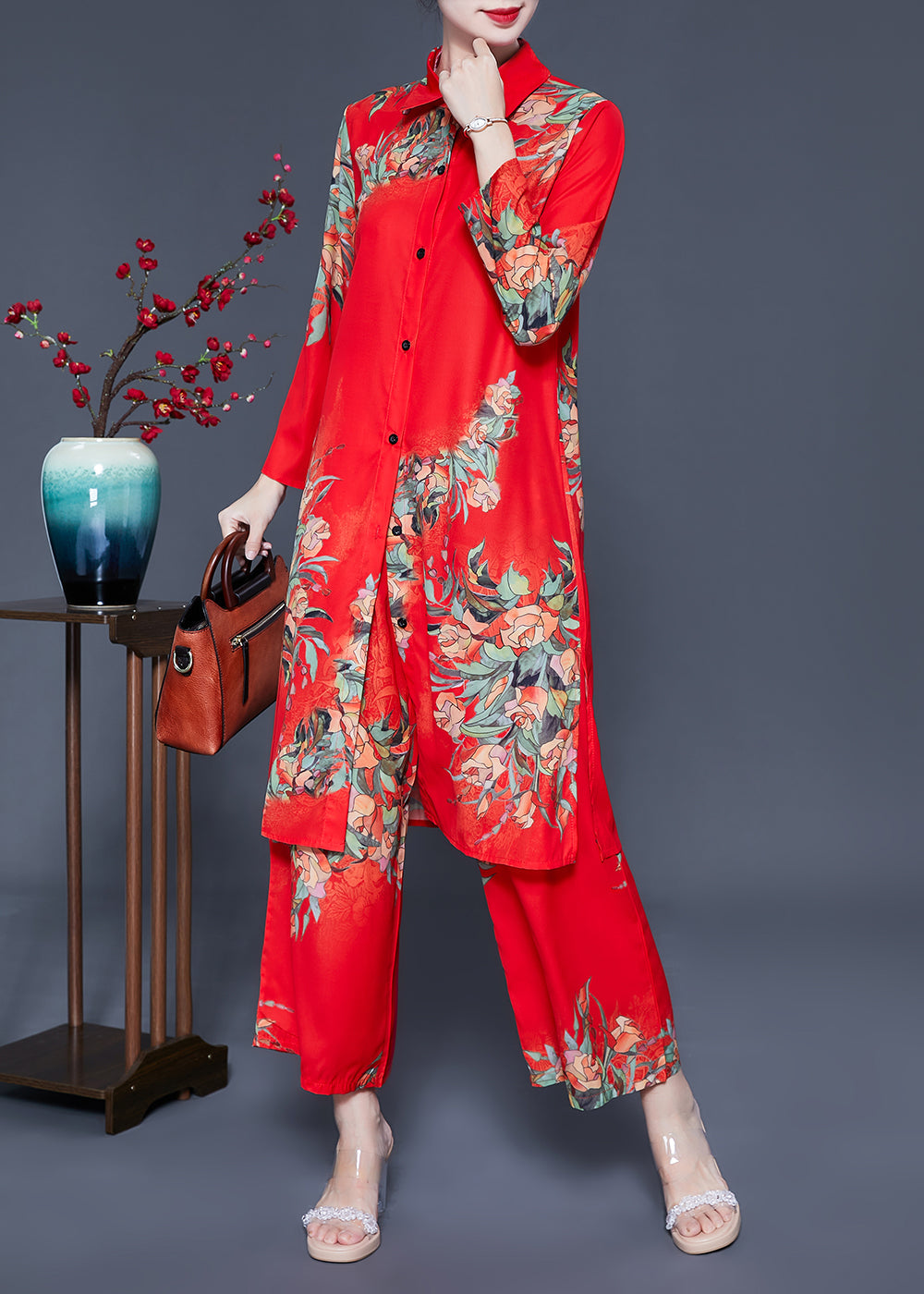French Red Peter Pan Collar Print Chiffon Sets 2 Pieces Summer