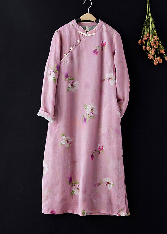 Pink Stand Collar Print Side Open Warm Fleece Dress Spring