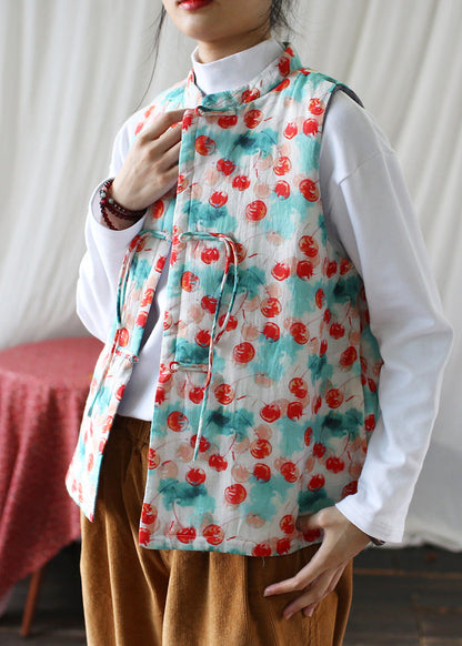 Stand Collar Tasseled Print Fine Cotton Filled Vest Sleeveless
