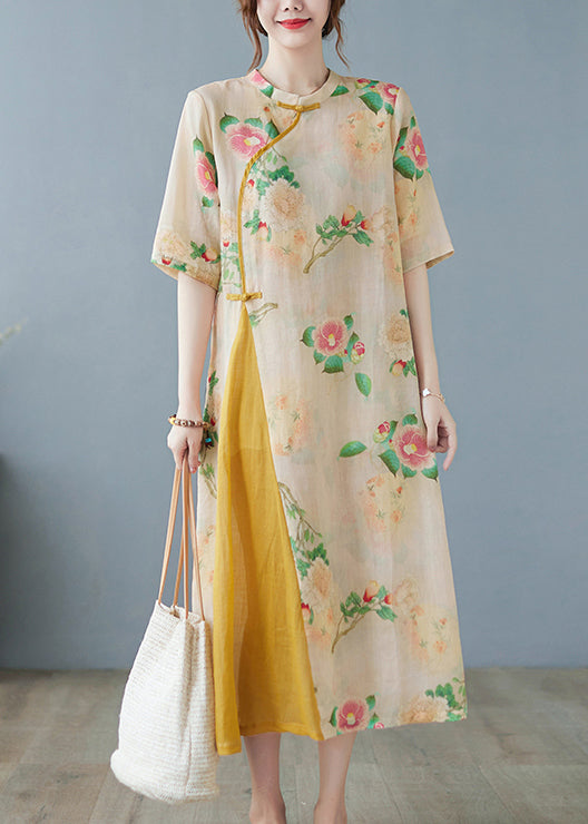 Yellow Print Patchwork Button Linen Long Dress Half Sleeve