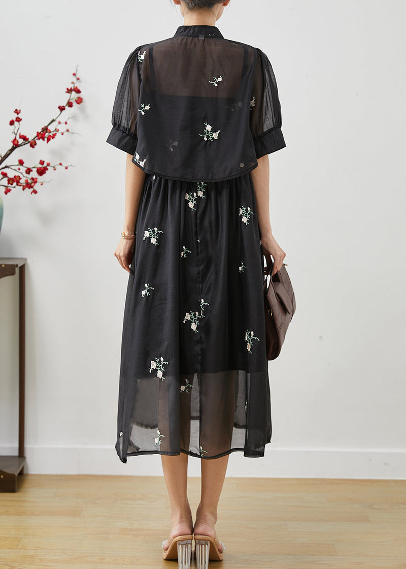 Boutique Black Embroidered Tasseled Chiffon Two Piece Set Clothing Summer