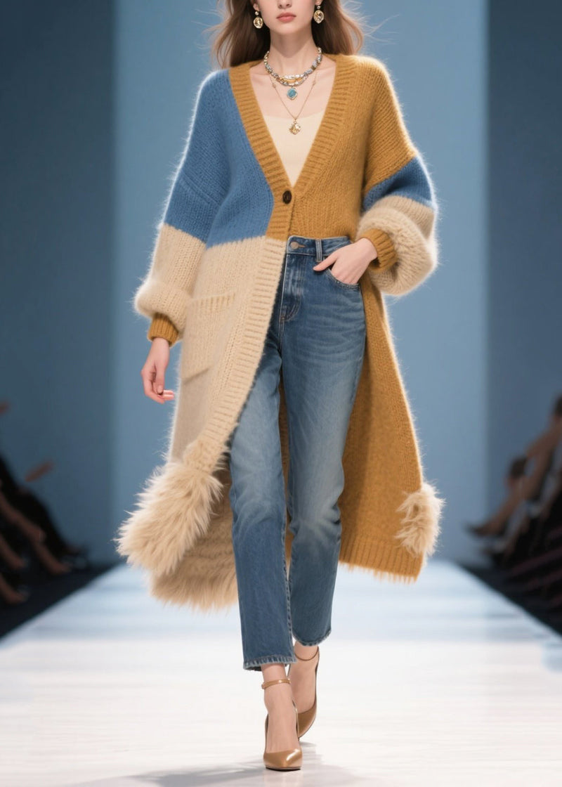 Mixed Color Oversized Patchwork Faux Fur Knit Cardigans Winter