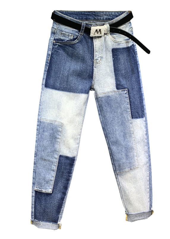 Diy Blue High Waist Pockets Patchwork Denim Pants Fall