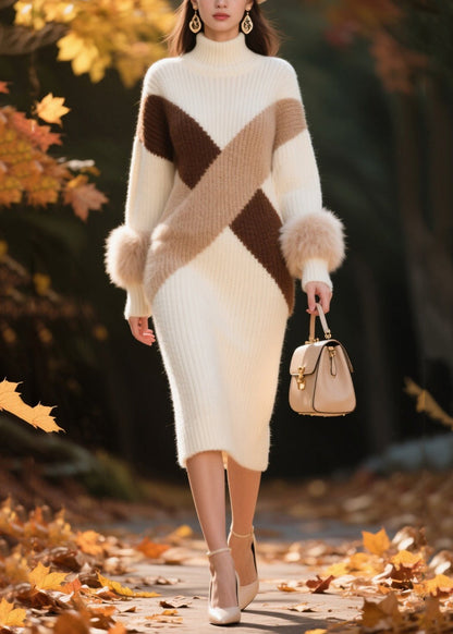 White Patchwork Faux Fur Knitwear Dress Turtle Neck Winter