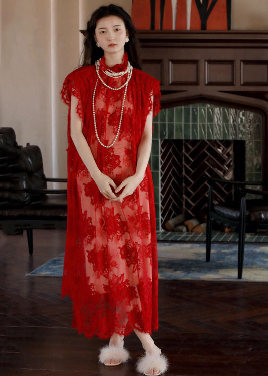 Red Stand Collar Hollow Out Lace Maxi Dresses Short Sleeve