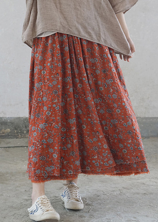 Red Elastic Waist Tie Waist Print Cotton Skirts Spring