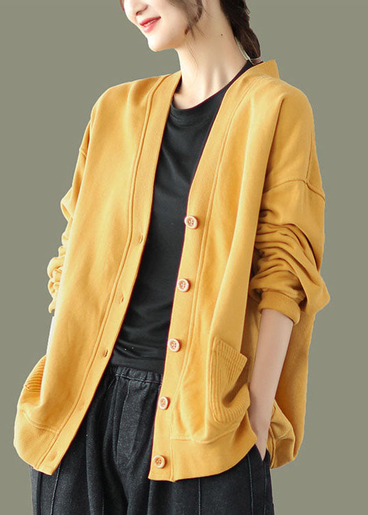 Yellow V Neck Pockets Coats Long Sleeve