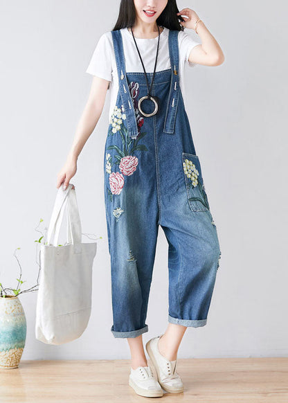 Blue Embroideried Cotton Denim Jumpsuits Spring