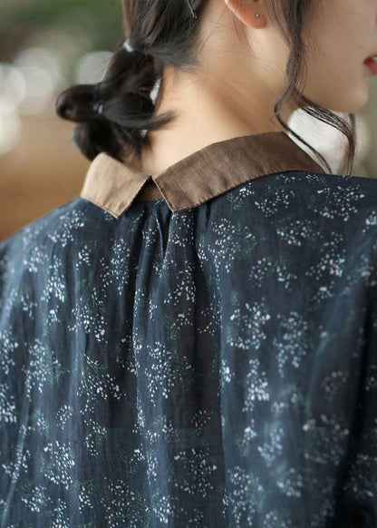 Navy Peter Pan Collar Print Linen Shirts Half Sleeve