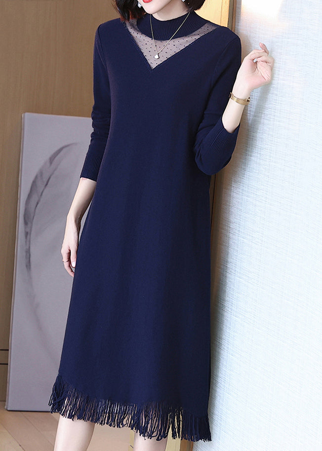 Navy O-neck Tasseled Wool Knit Dress Long Sleeve