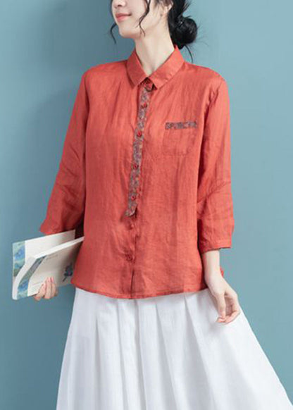 Brick Red Peter Pan Collar Print Ramie Top Long Sleeve
