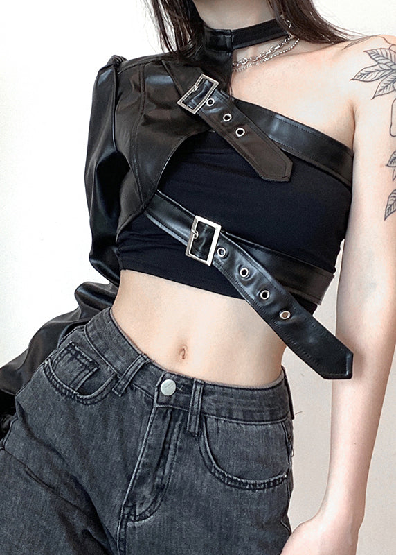 Black Asymmetrical Original Design Faux Leather Coats Spring