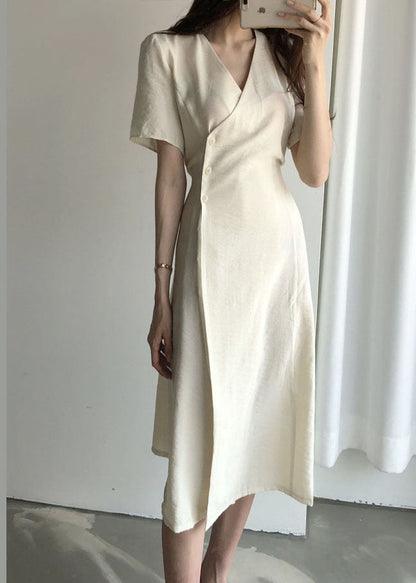 Boutique Beige V Neck Cotton Long Dresses Short Sleeve Summer