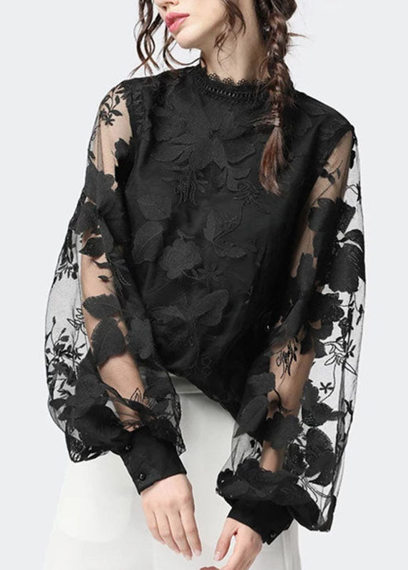 Black O-neck Lace Shirt Puff Sleeve