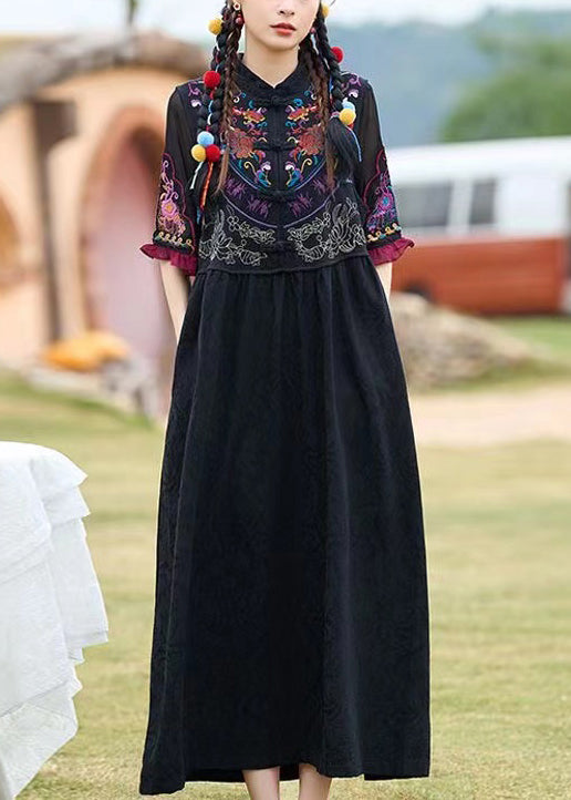 Black Stand Collar Embroidered Cotton Two Pieces Set Summer