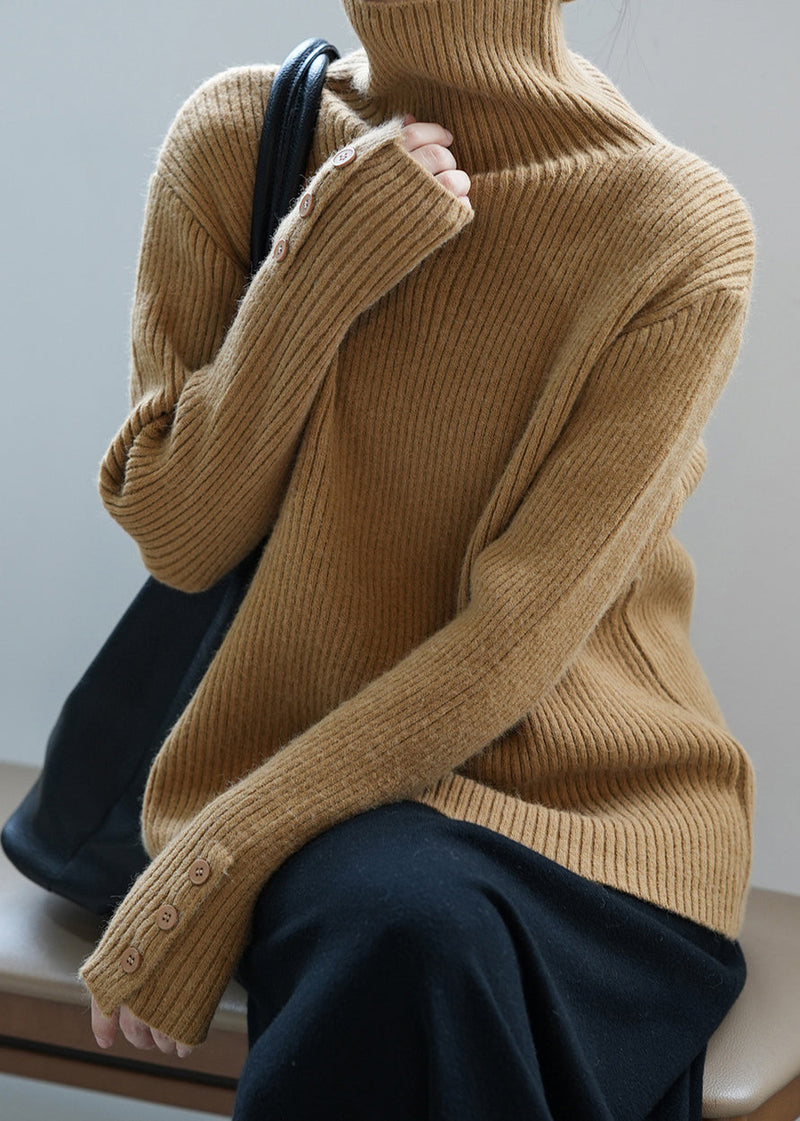 Boutique Camel Hign Neck Button Thick Knit Sweaters Fall