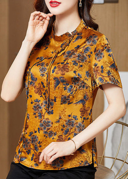 Yellow Stand Collar Print Tassel Oriental Silk Shirts Short Sleeve Summer