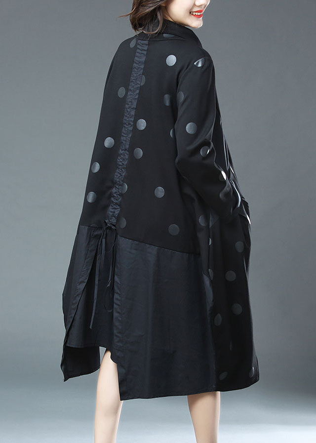 Black Dot Print Drawstring Patchwork Cotton Dresses Fall