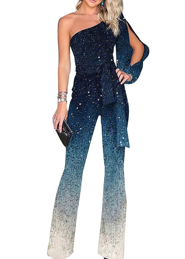 Gradient Blue One Shoulder Asymmetrical Design Sequins Two Pieces Set Summer