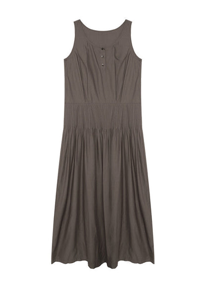 Italian Coffee O Neck Wrinkled Cotton Long Dresses Sleeveless