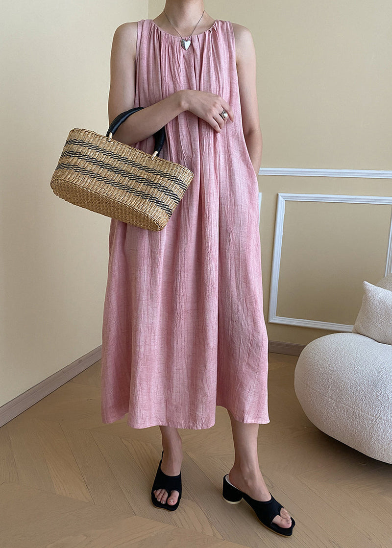 Holiday Style Purple O Neck Wrinkled Linen Dresses Sleeveless